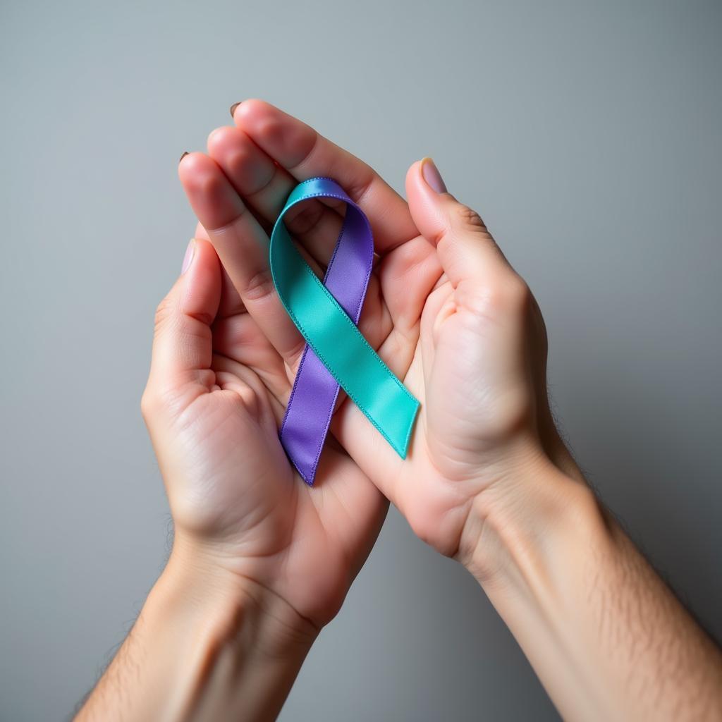 Hands holding a teal and purple ribbon, symbolizing support for suicide prevention.