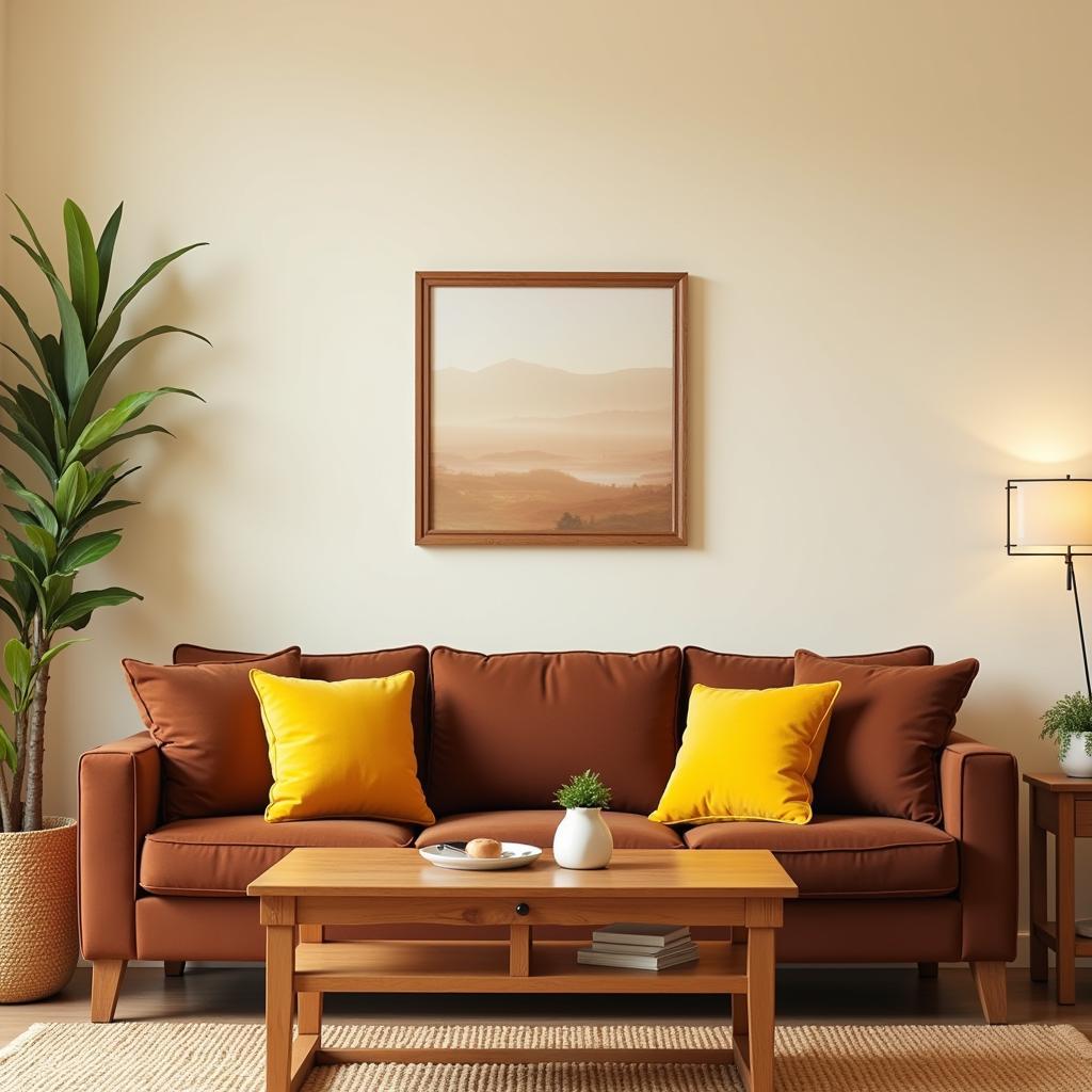 Living room with brown and yellow accents