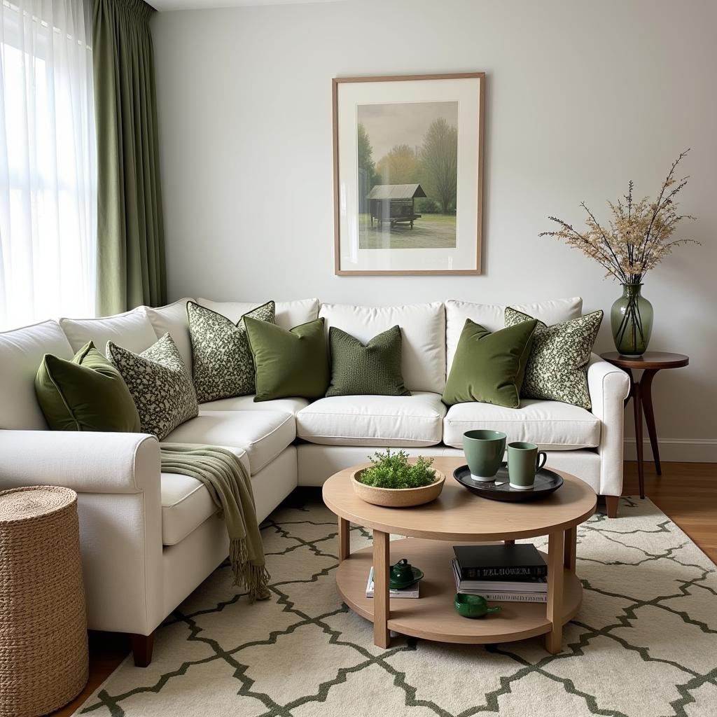 Living room with military green accents on throw pillows and a rug