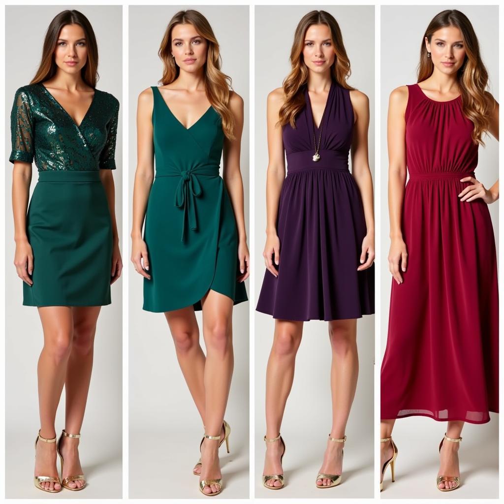 different jewel tone dresses with gold shoes