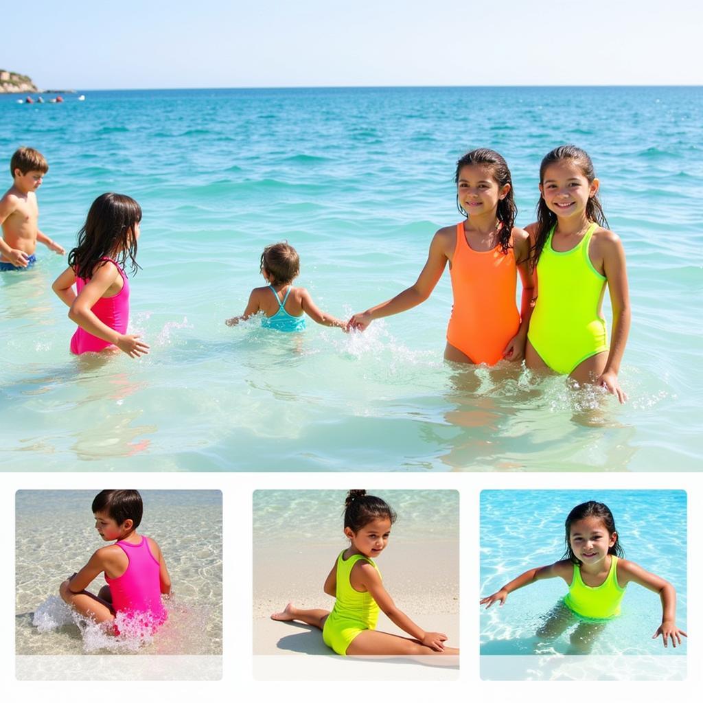 Kids in bright colored bathing suits at the beach and pool