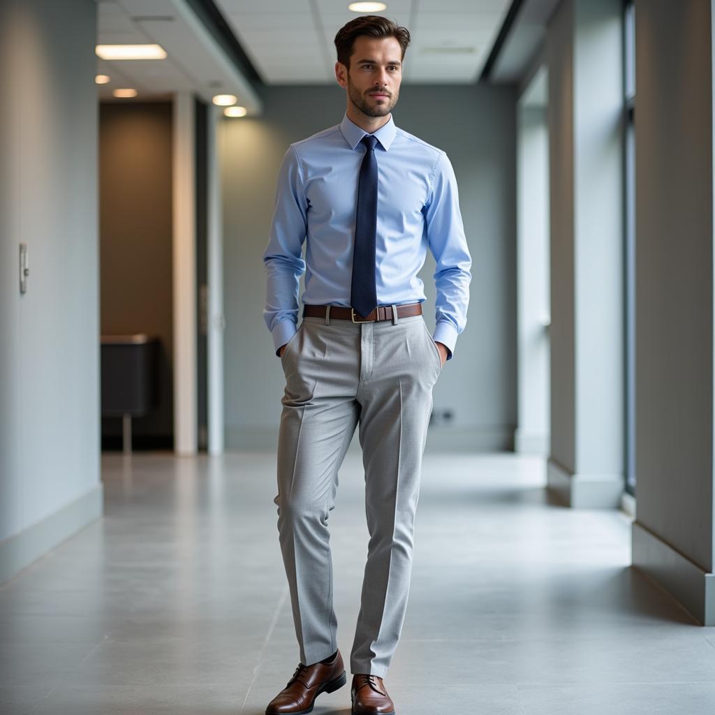 Man in a light blue shirt and grey suit for a professional look