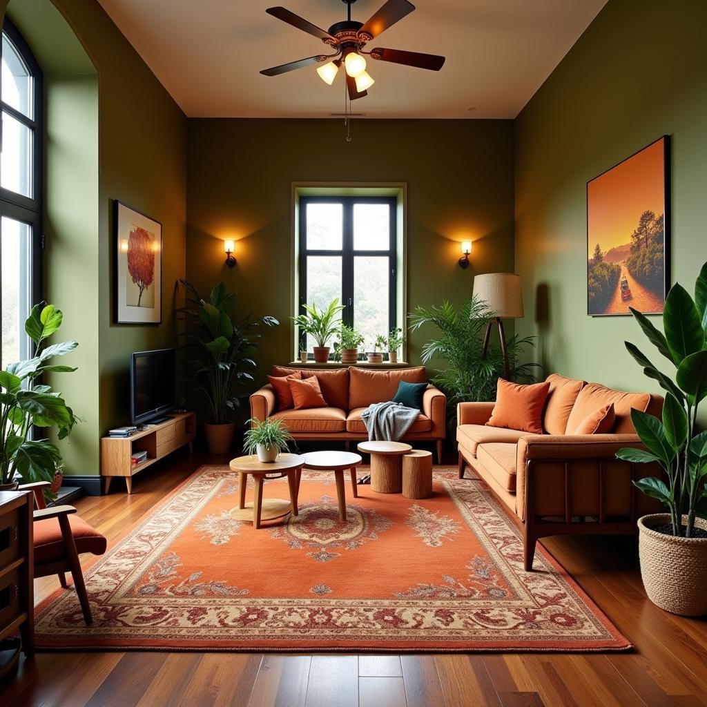 Living room with olive green walls and terracotta accents