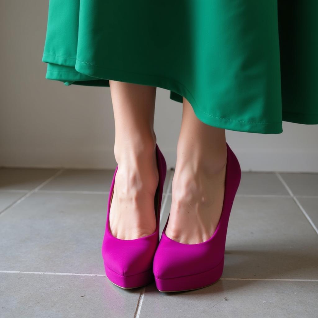 Magenta shoes adding a pop of color to an emerald green dress