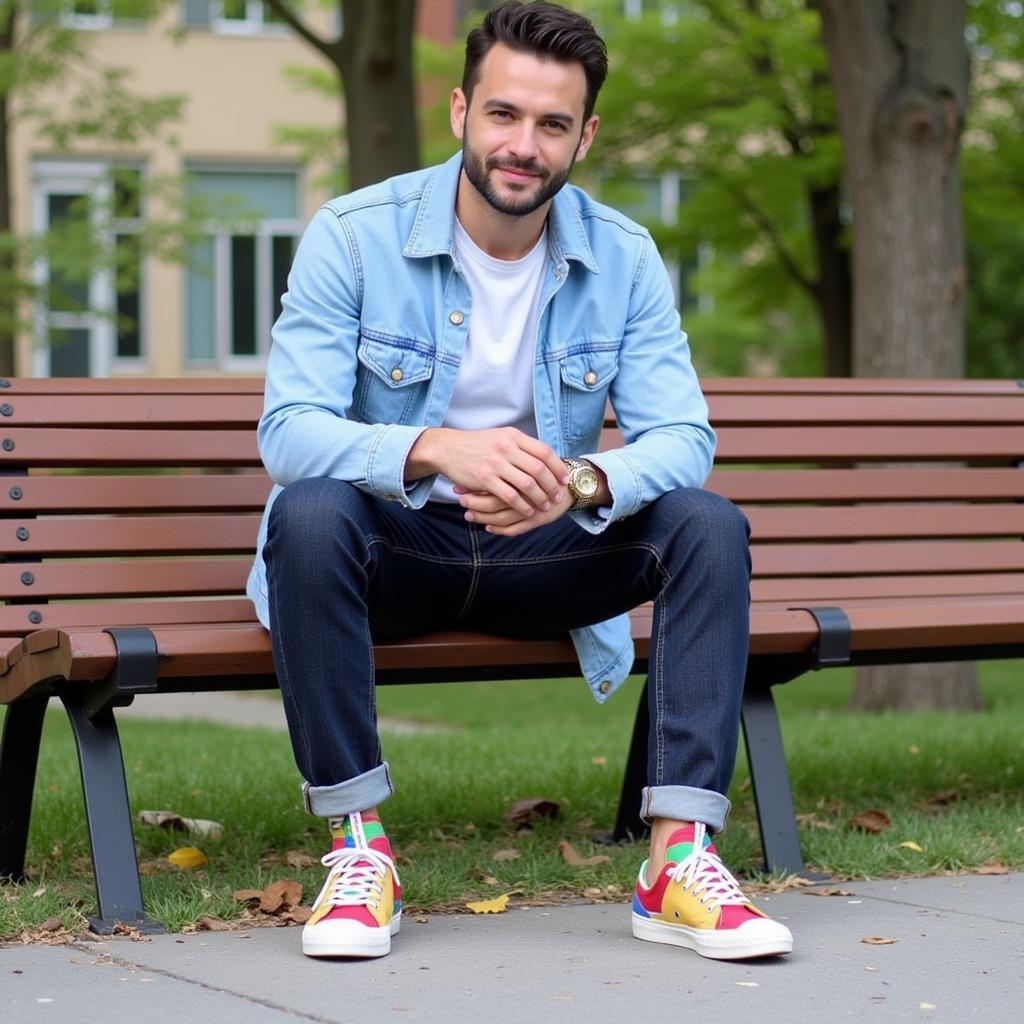 Man wearing colorful sneakers with a casual outfit