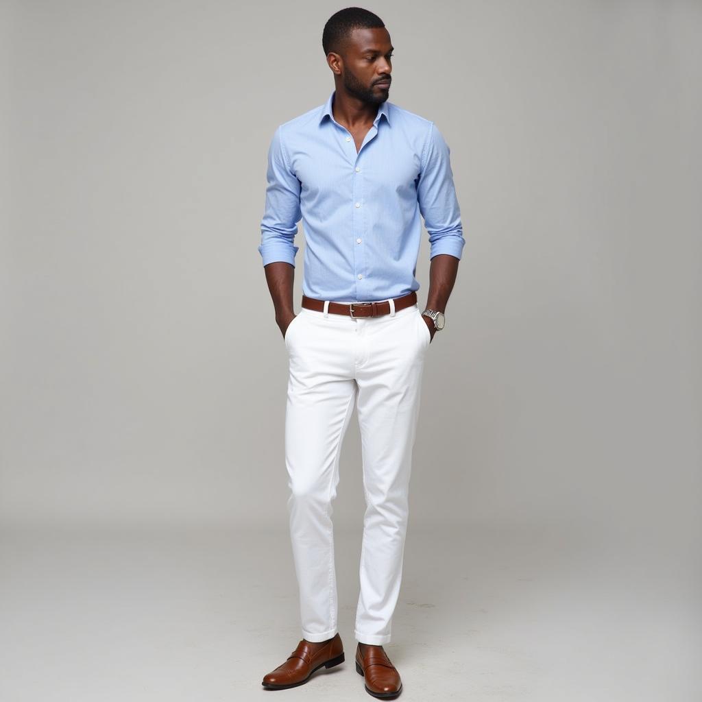 Man in White Pants and Blue Shirt