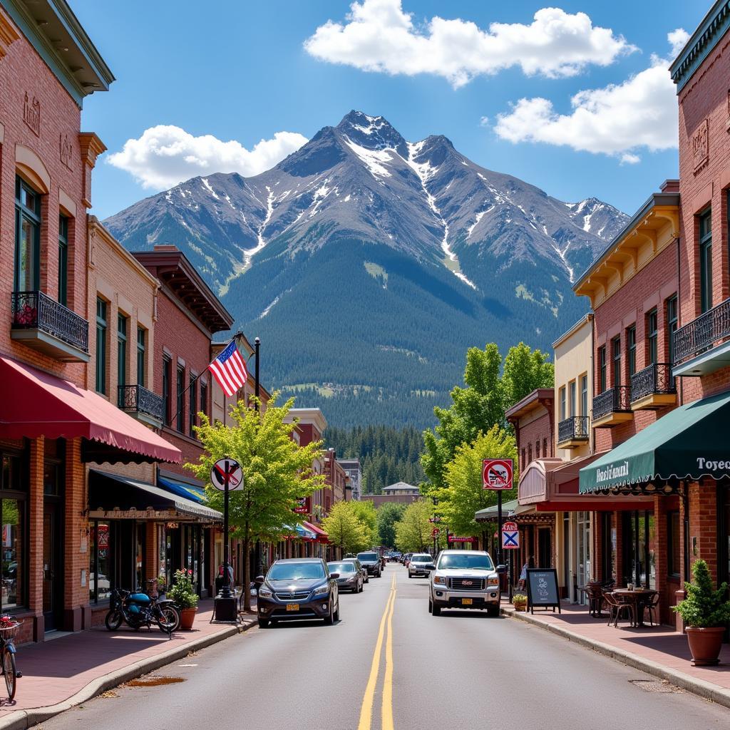 Manitou Springs street view with Pikes Peak