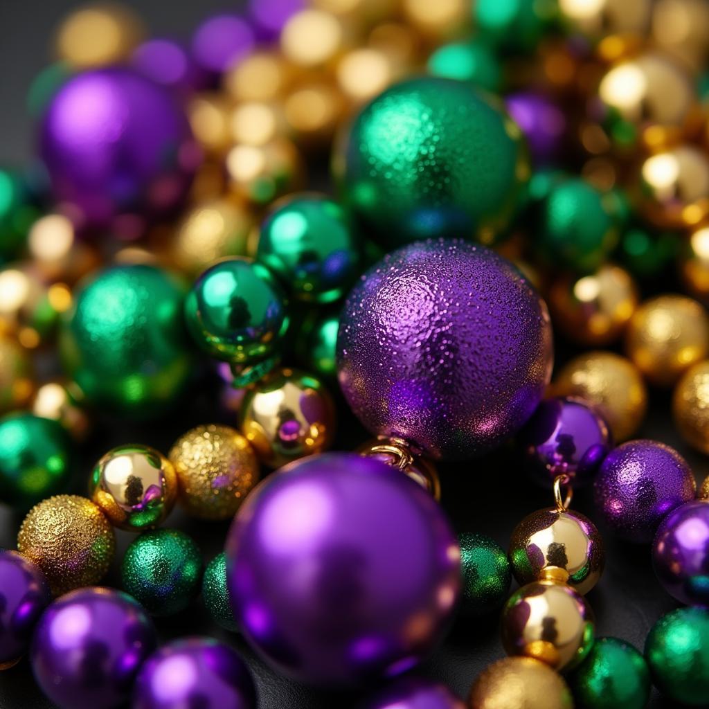 Close-up of Mardi Gras beads in purple, green, and gold