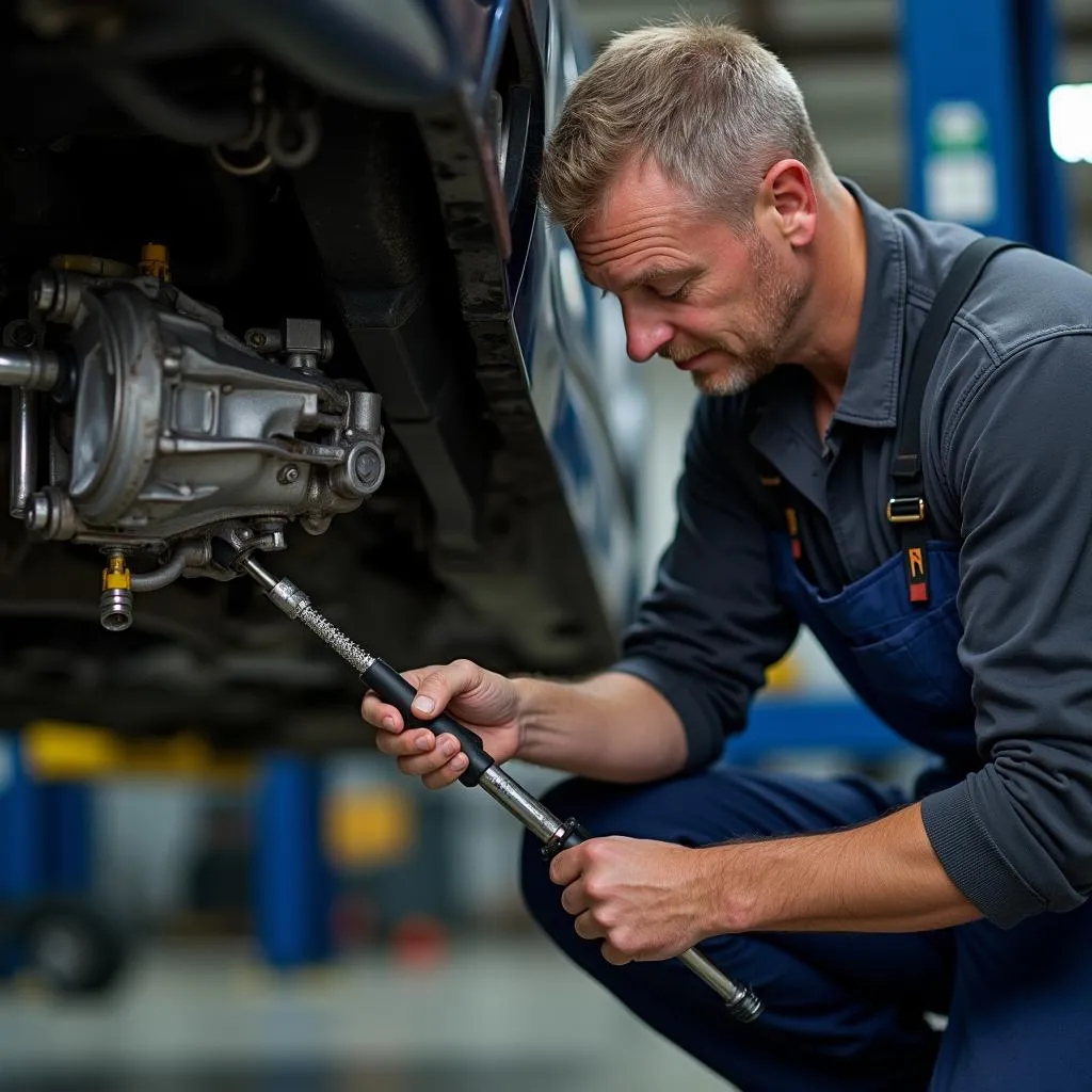 Mechanic Inspecting Car Transmission