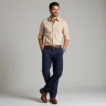 Men Wearing Beige Shirt and Navy Pants