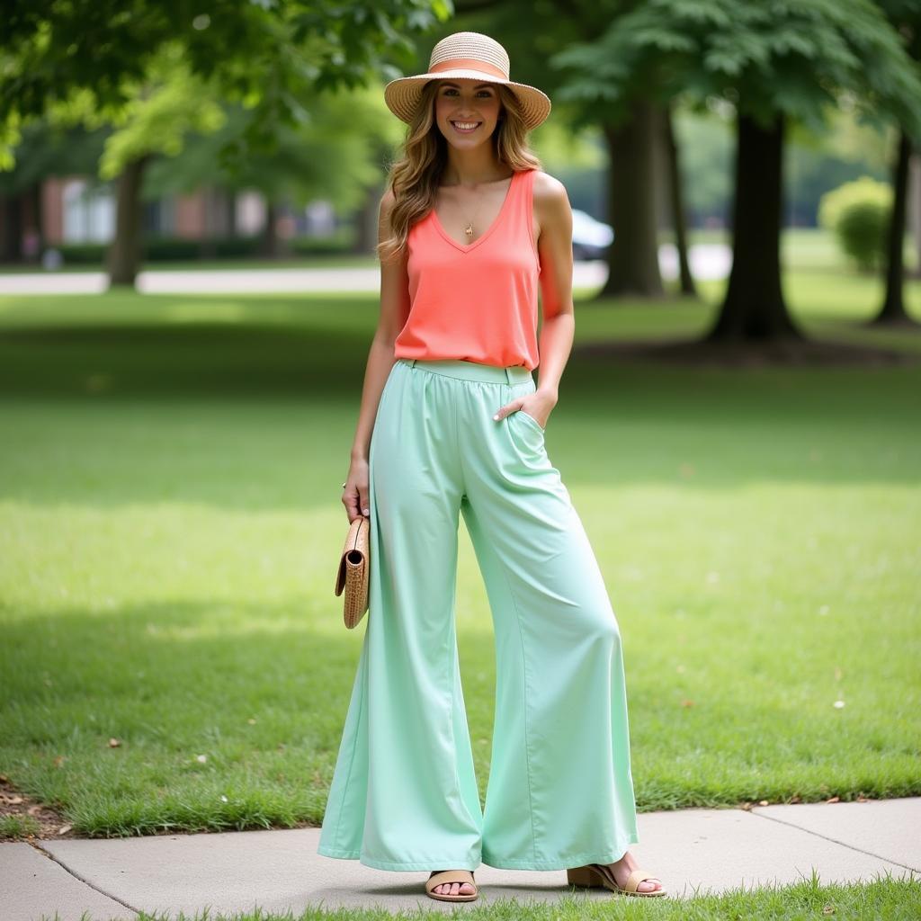 Woman in mint green pants and a coral top