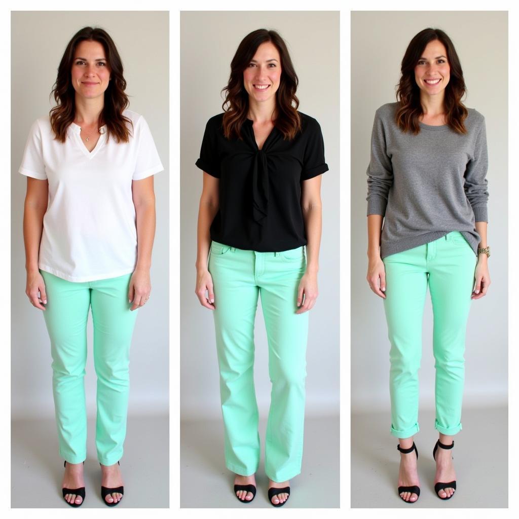 Three outfits featuring mint green pants and neutral colors