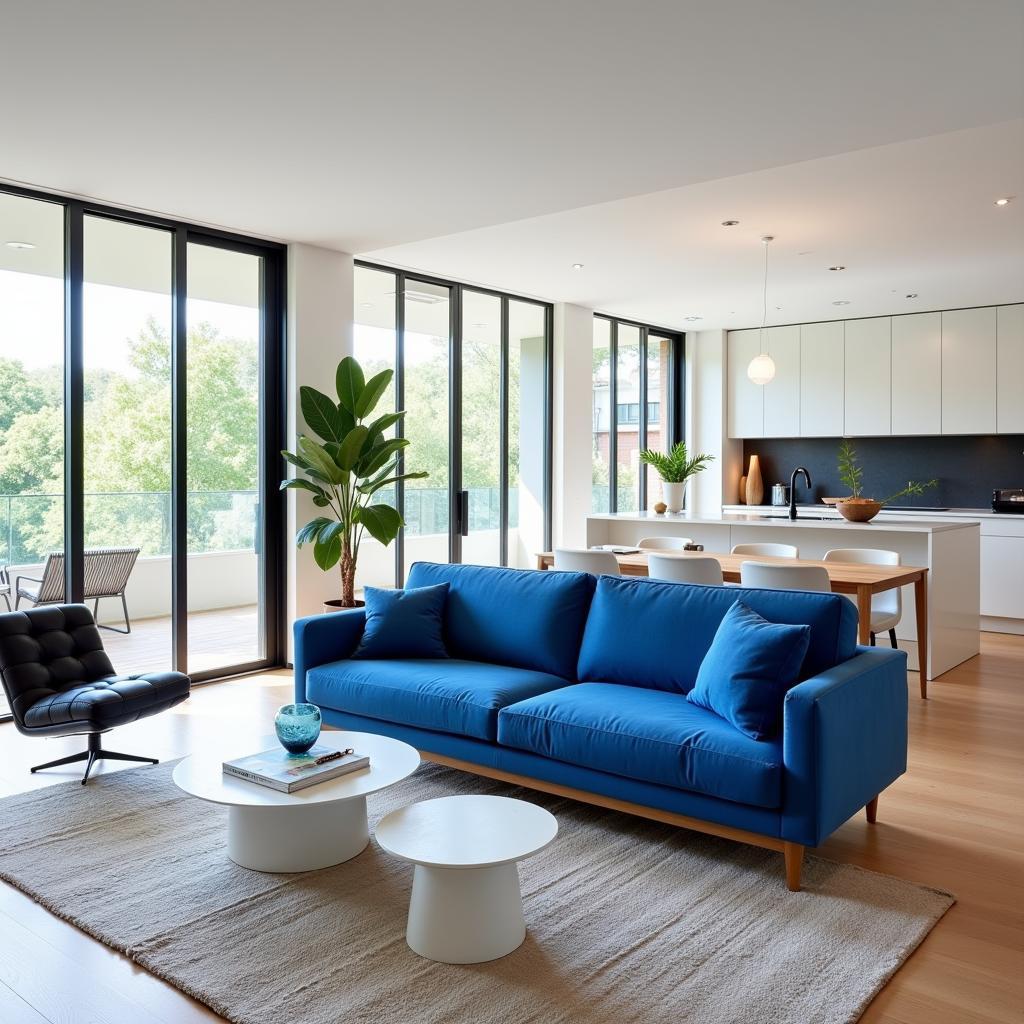 Modern living room with a bold blue couch