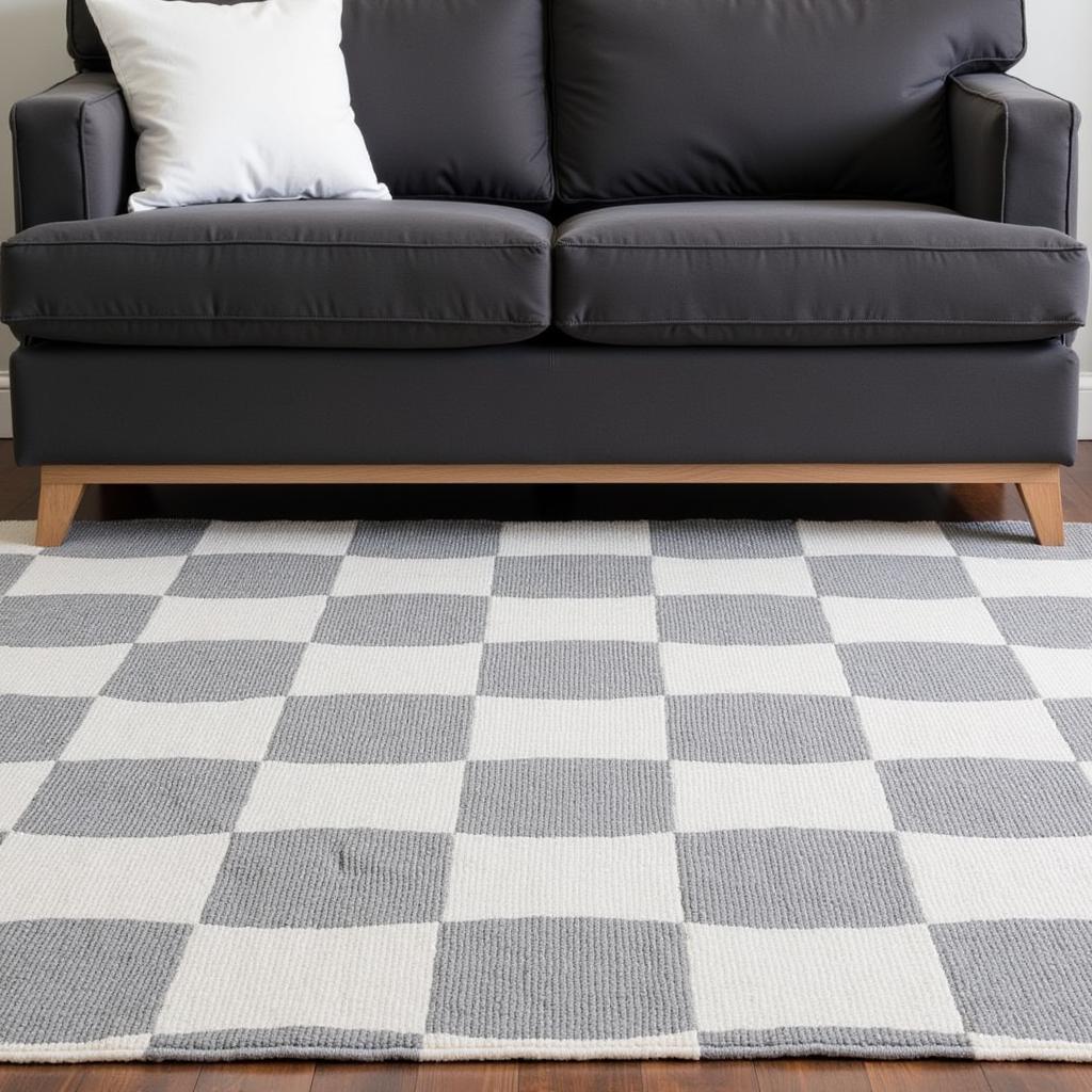 Grey sofa with a grey and white patterned rug