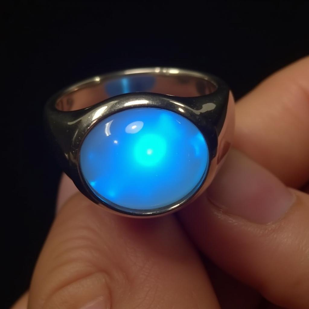 Mood ring displaying a vibrant blue color