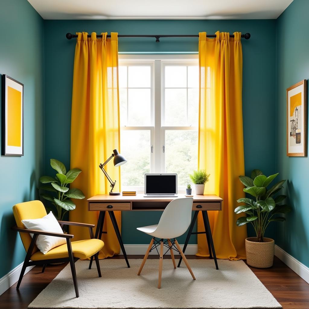 Mustard yellow curtains with teal walls