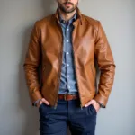 Man in brown jacket and navy blue pants