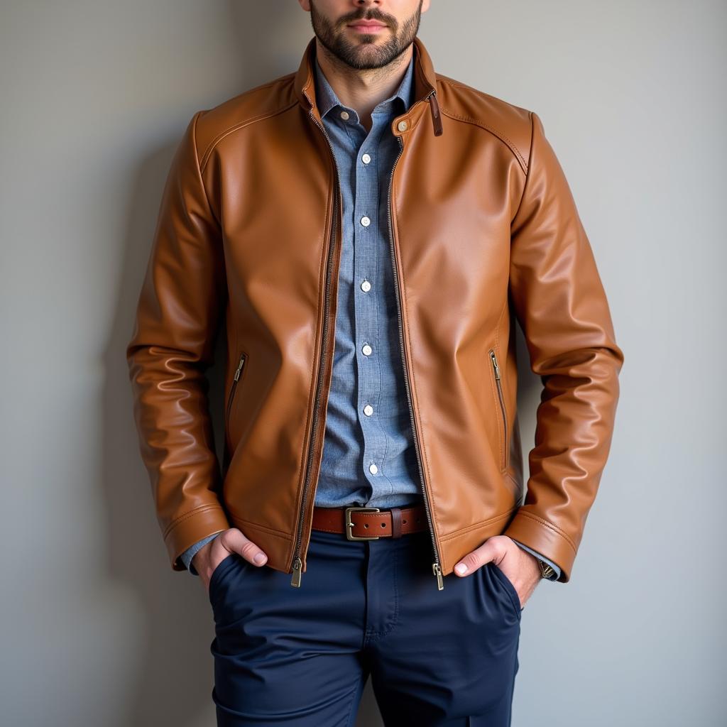 Man in brown jacket and navy blue pants