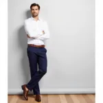 Navy blue pants with brown leather shoes