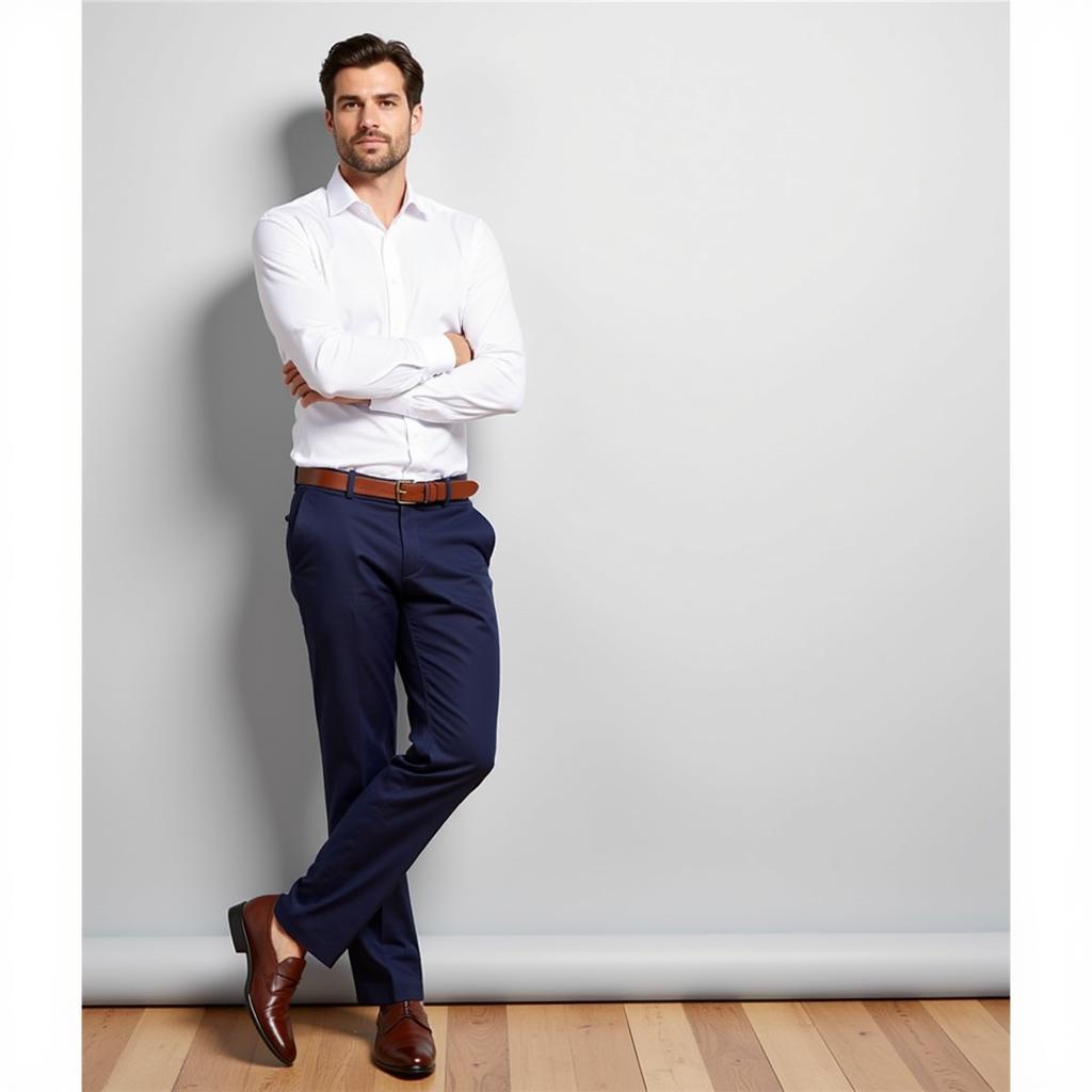 Navy blue pants with brown leather shoes