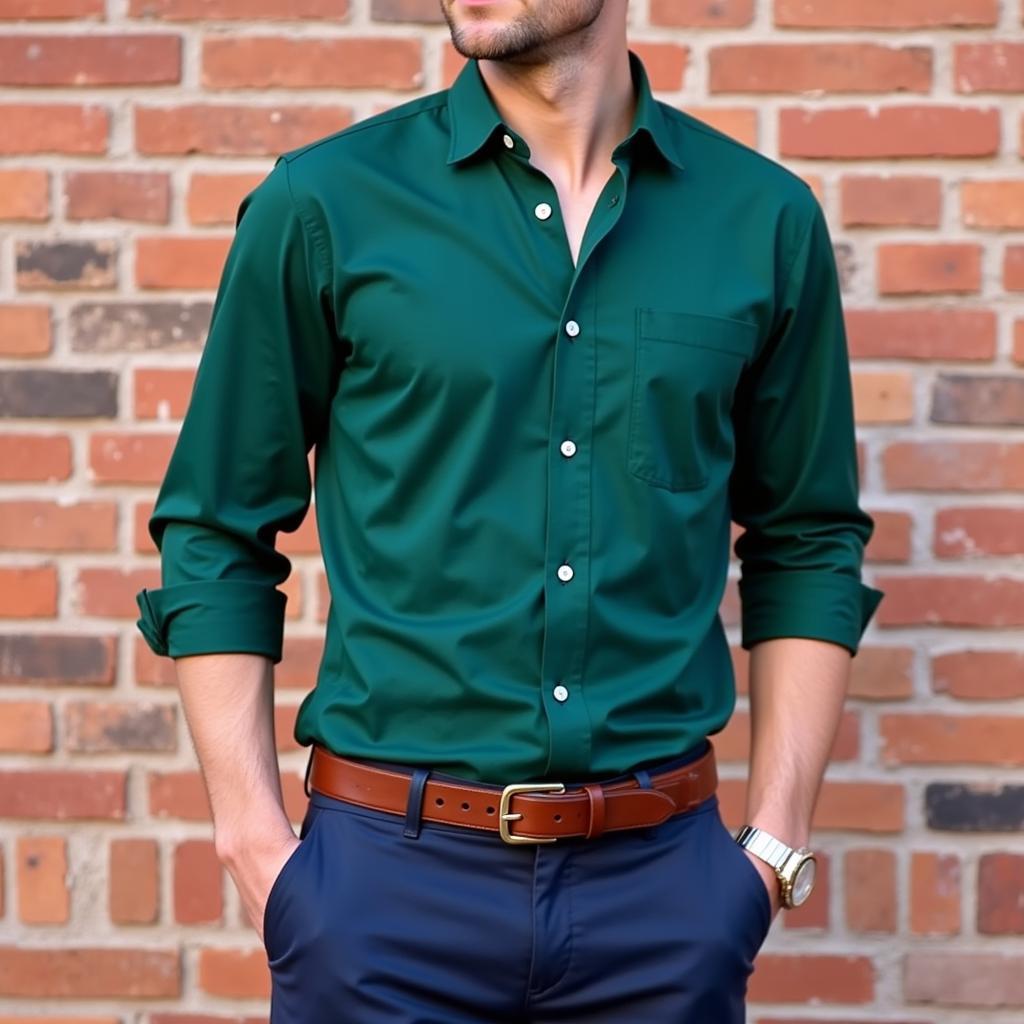 Man wearing navy pants and green shirt