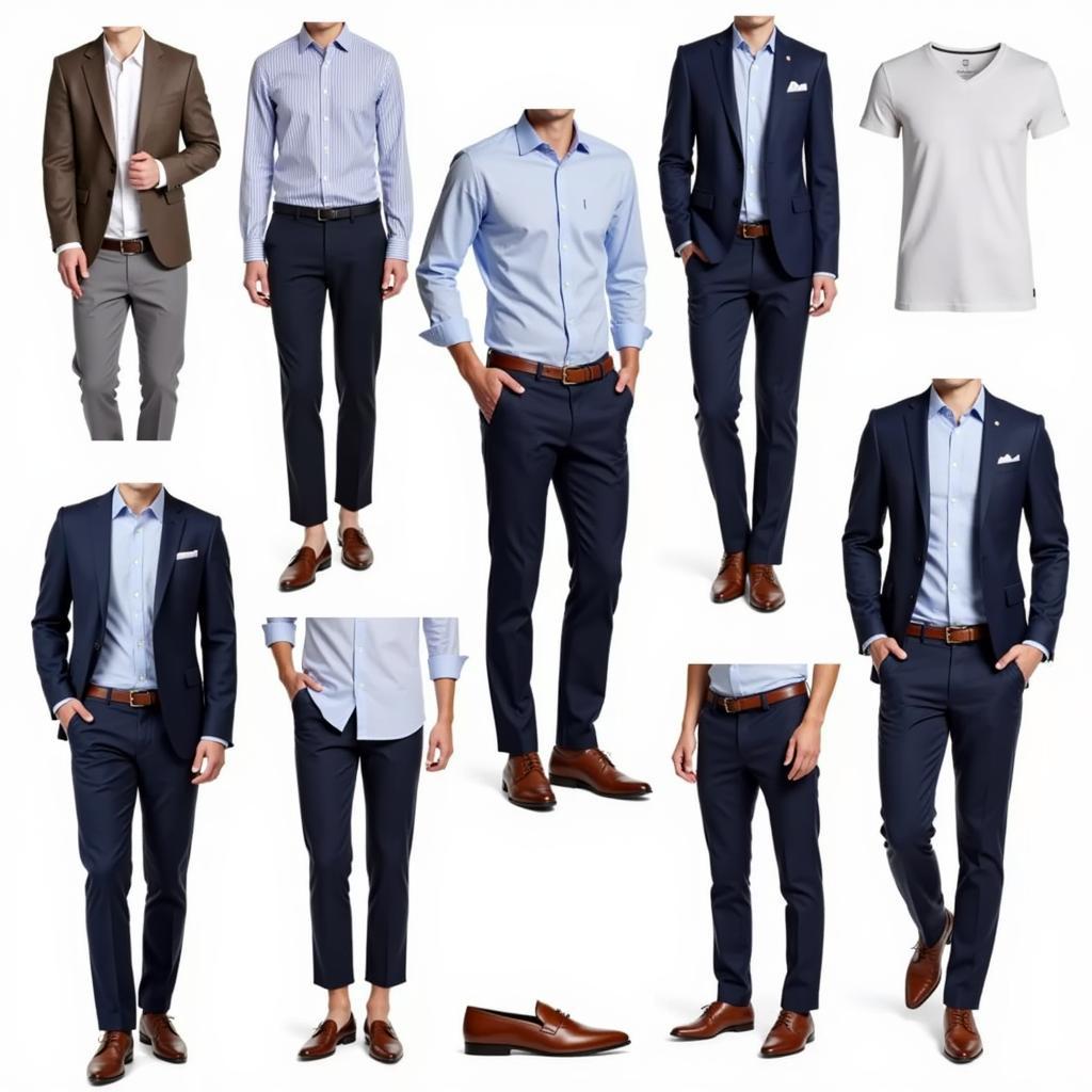 Men wearing navy slacks and brown shoes in different styles