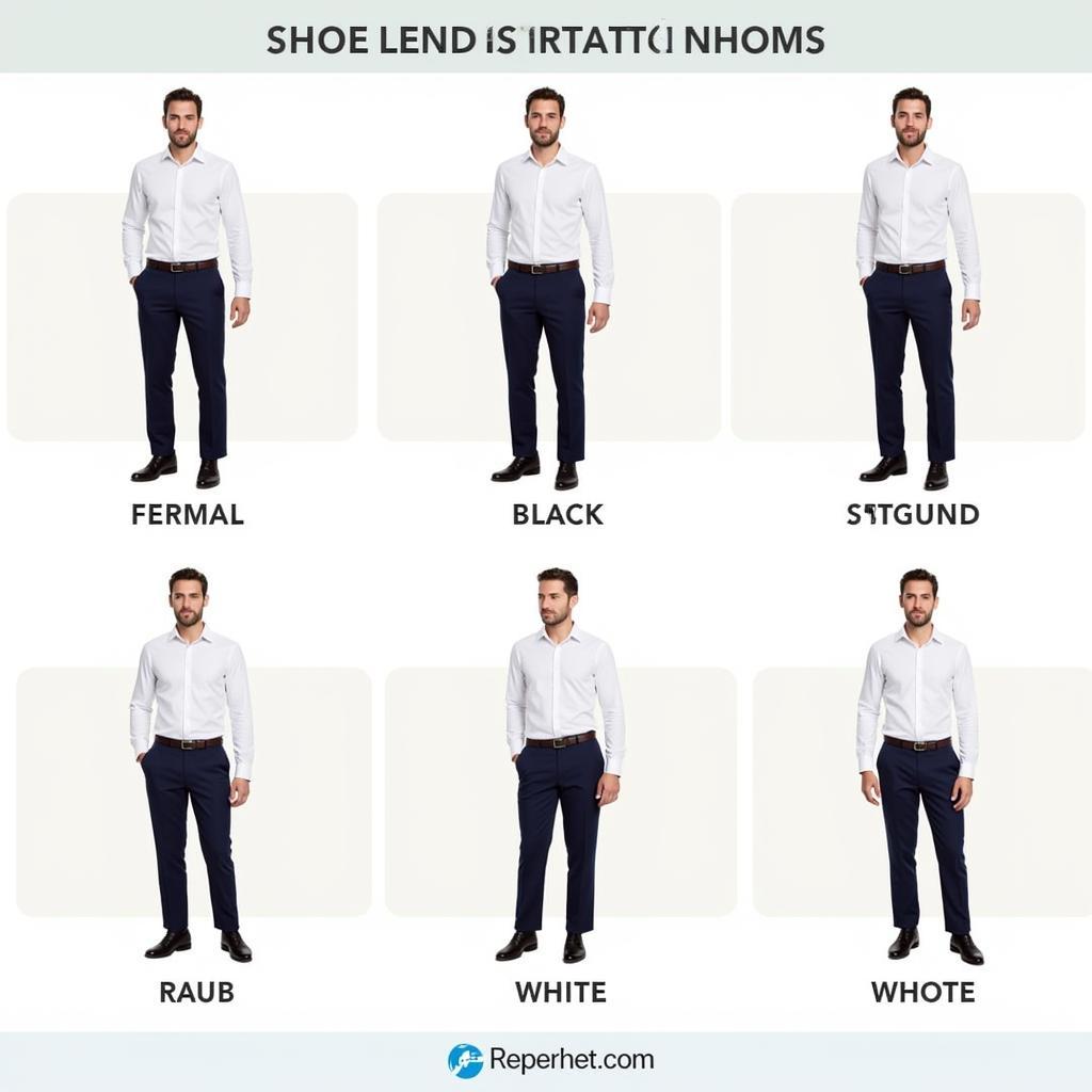 Men's navy slacks paired with various shoe colors like black, brown, burgundy, and white