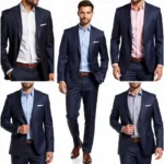 Men in Navy Suits with Different Shirt Colors