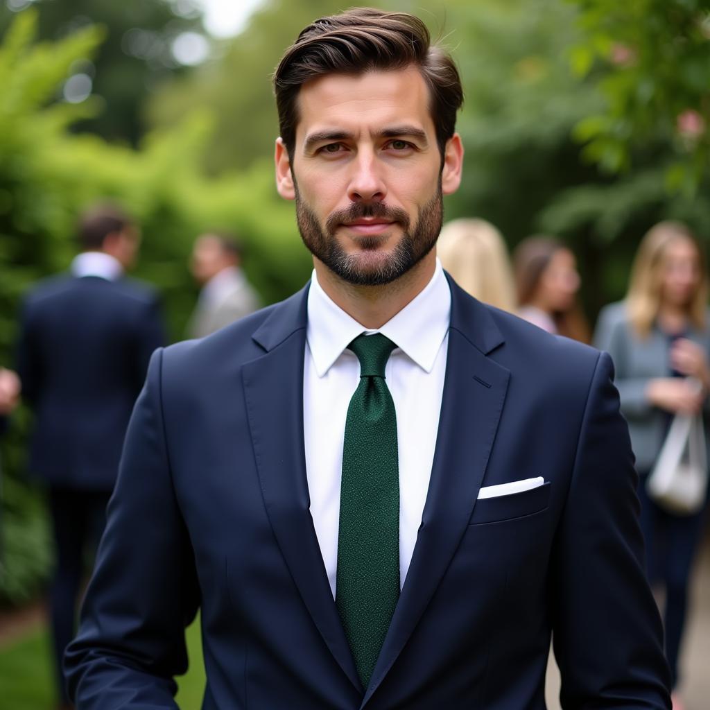 Man in Navy Suit, White Shirt, and Green Tie