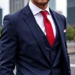 Man in Navy Suit, White Shirt, and Red Tie