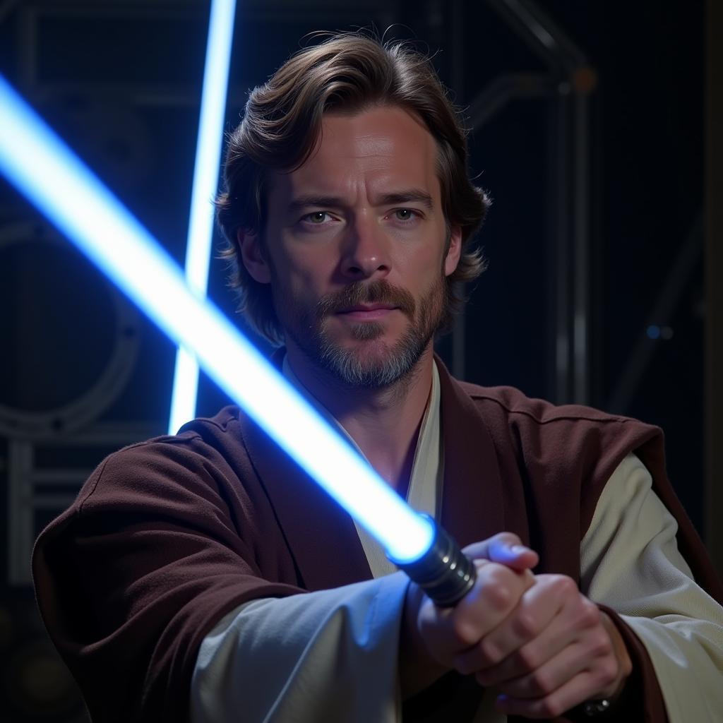 Obi-Wan Kenobi igniting his blue lightsaber