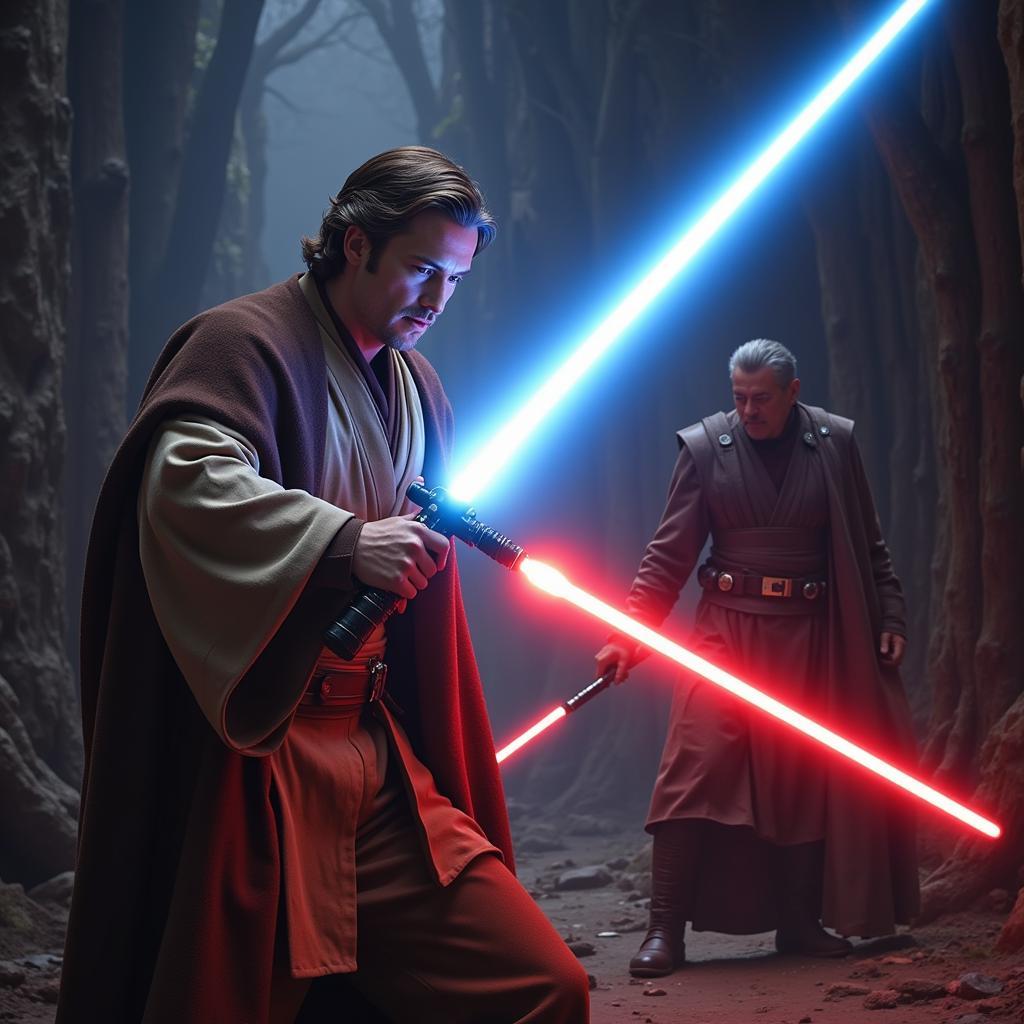 Obi-Wan Kenobi in a lightsaber duel