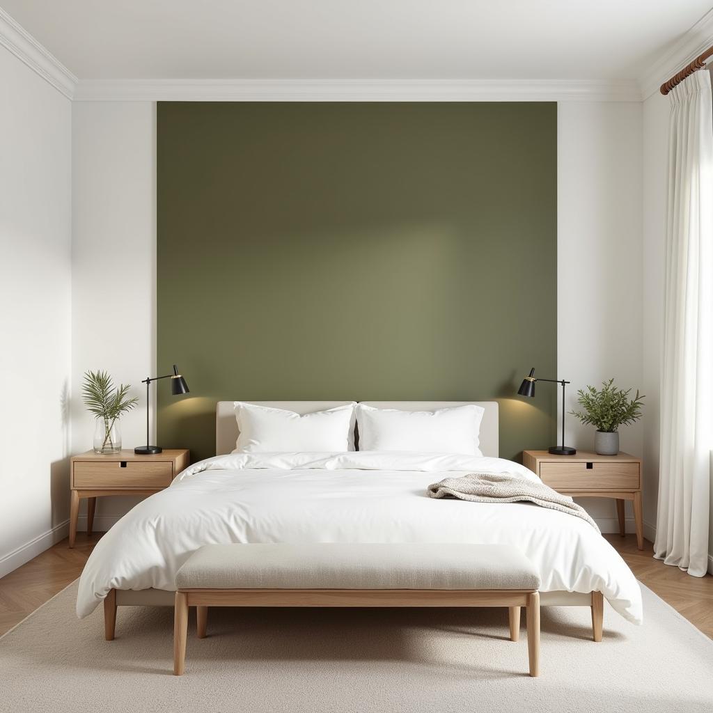 Olive green accent wall bedroom