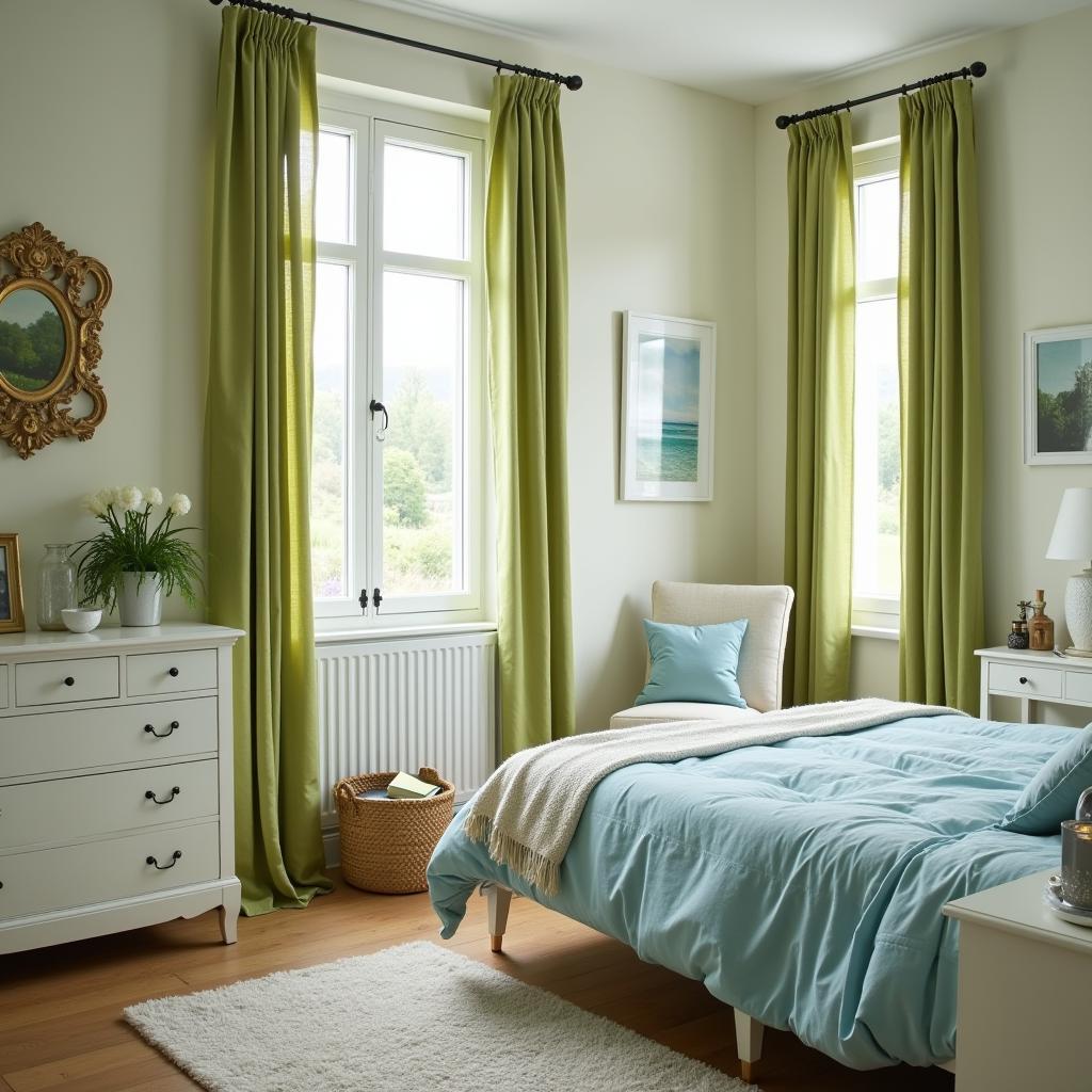 Olive Green Curtains with Dusty Blue Bedspread