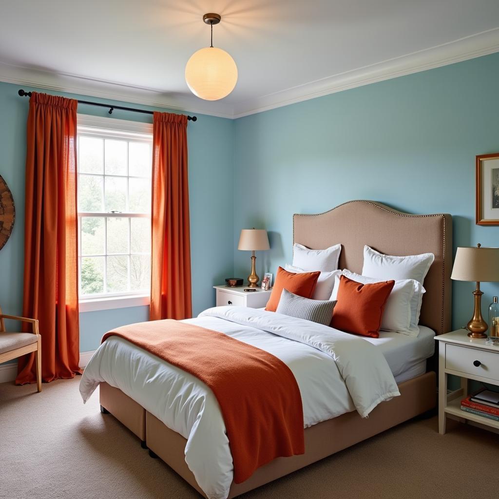 Bedroom with blue walls and orange accents