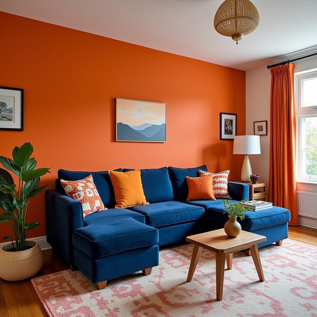 Living room with orange accent wall and blue sofa