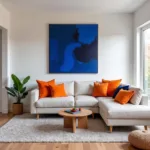 Modern living room with orange and blue accents