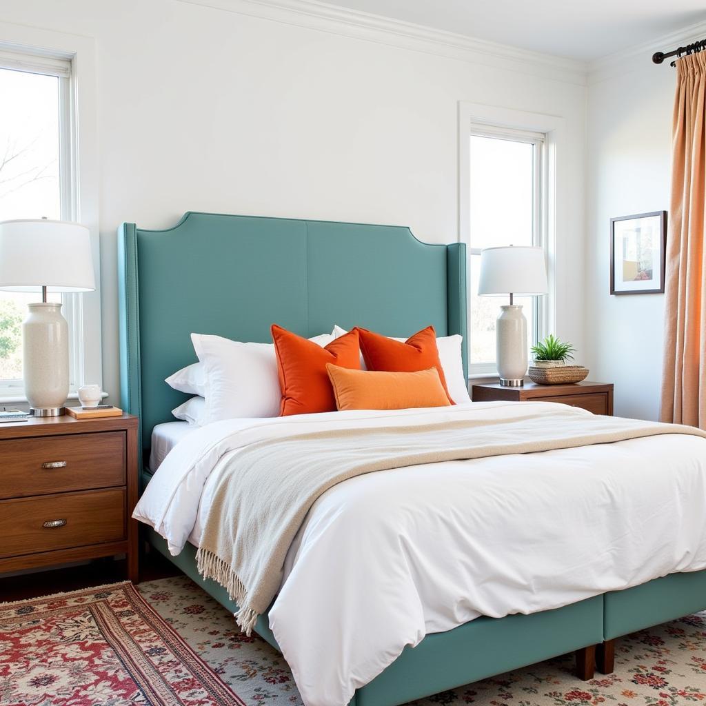 Serene bedroom with orange and teal accents