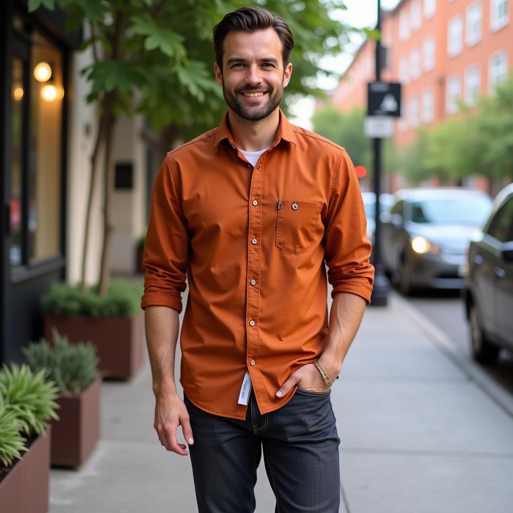 Man Wearing Orange Shirt and Navy Blue Pants