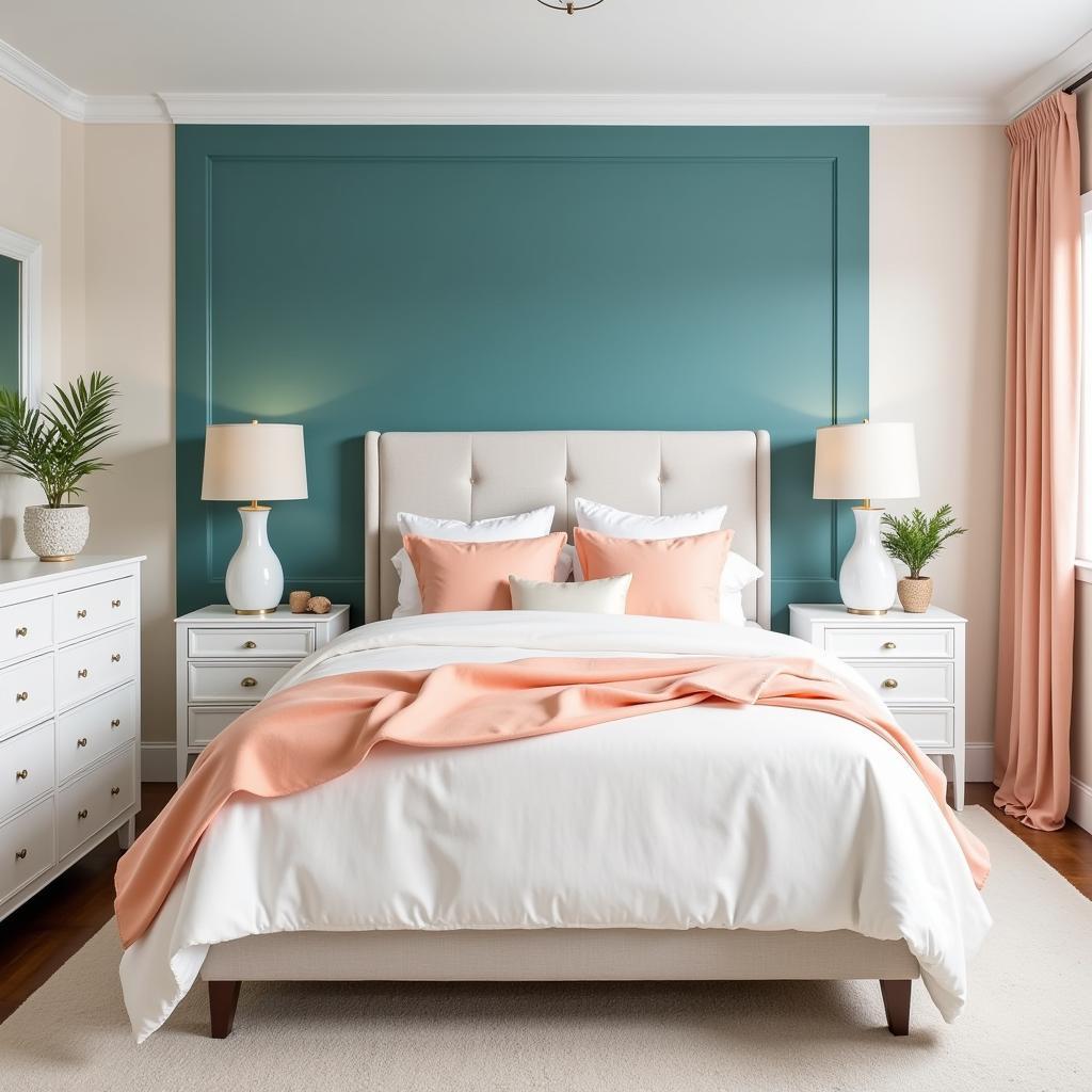 Bedroom with peach and teal color scheme