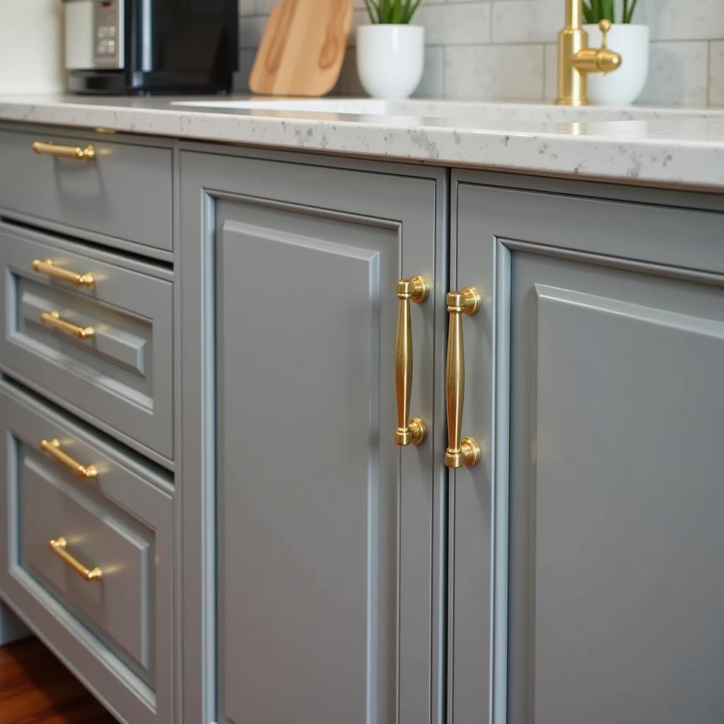 Pewter Kitchen Cabinets with Brass Hardware