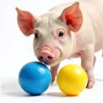 Pig Observing Blue and Yellow Toys