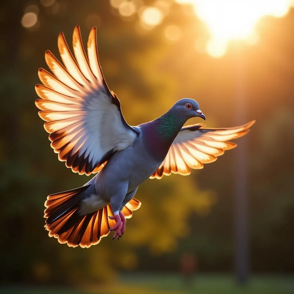 A pigeon flying with its wings spread, showcasing its colorful plumage