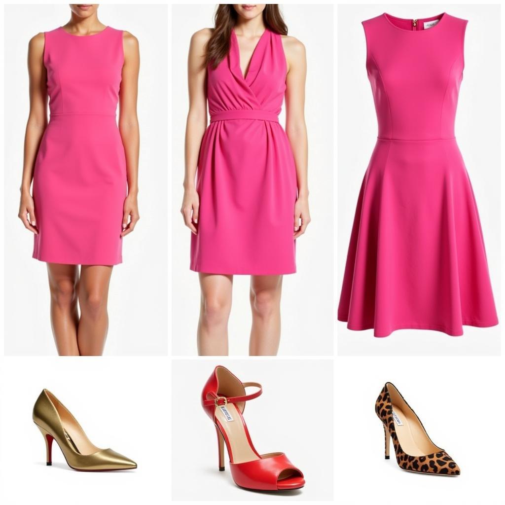 Pink Dress Styled with Metallic, Red, and Animal Print Shoes