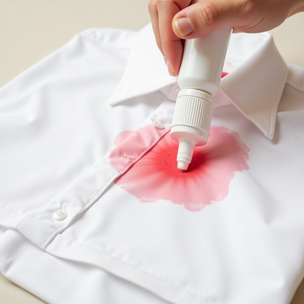 Pre-treating a color stain on a white shirt with stain remover