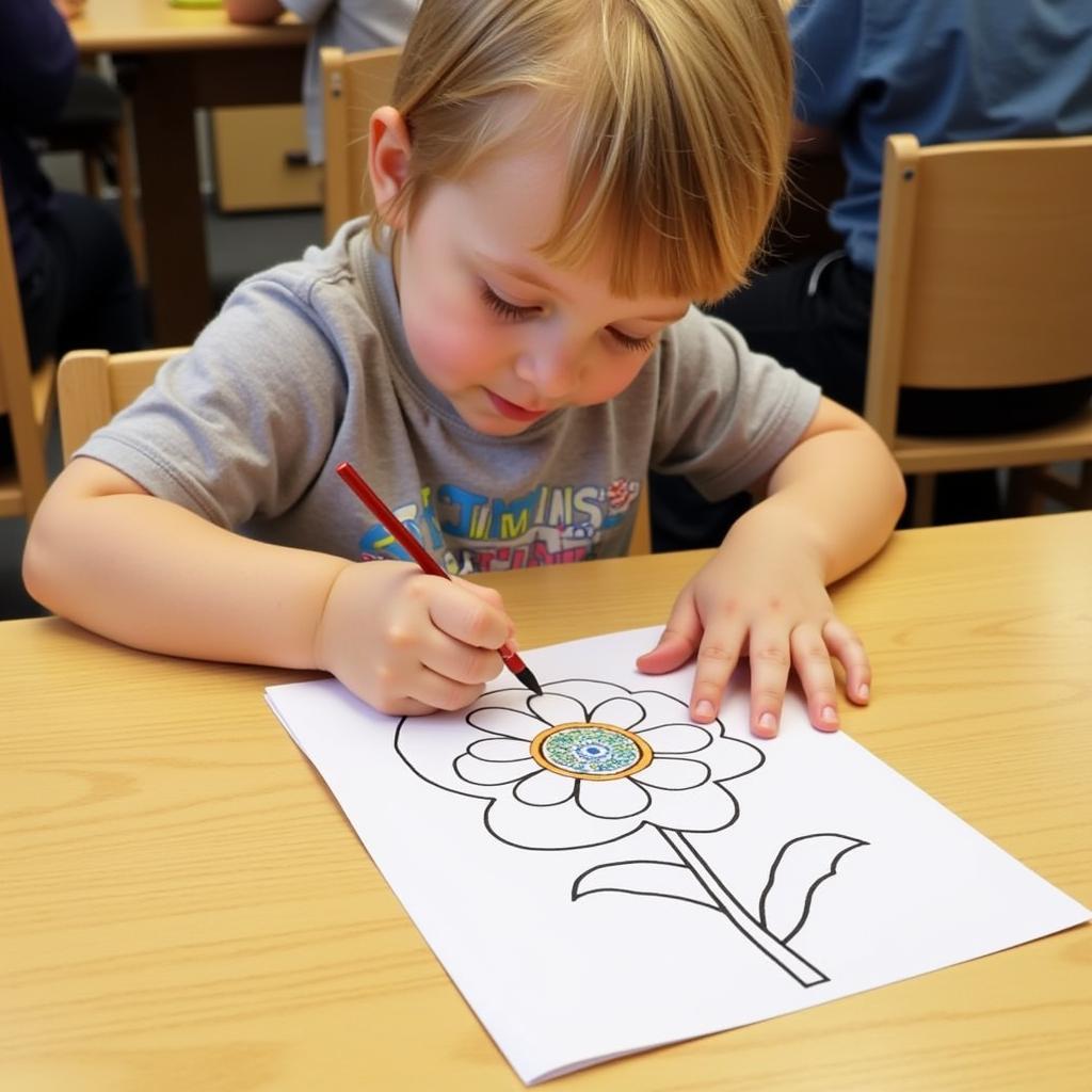 Preschooler coloring a picture of a flower