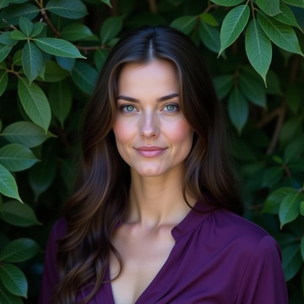 Woman with blue eyes wearing a deep purple top