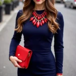 Red accessories with a navy dress