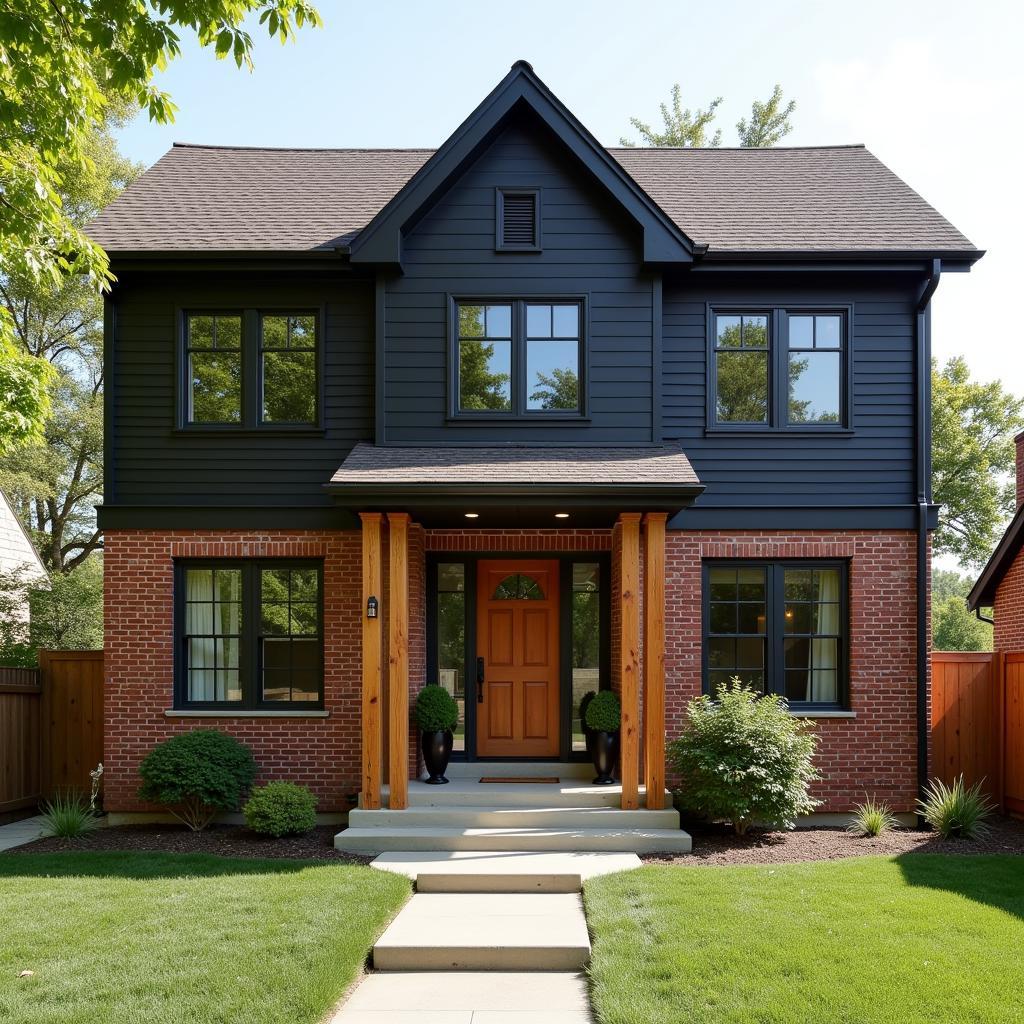 Red Brick House with Black Siding and Wood Accents