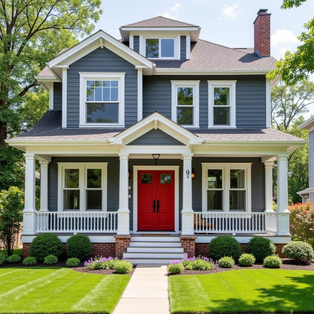 Red Front Door on Grey House with White Trim